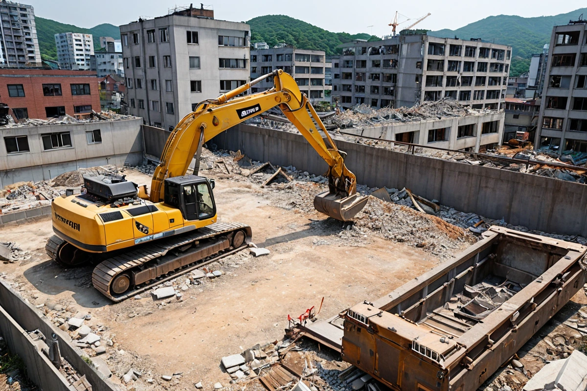 봉천동 주택 철거 현장에서 철거 전 현장 점검을 하는 장비와 구조물 상태를 분석하는 사진, 철거 전 현장의 구조물과 철거 장비가 정리된 사진