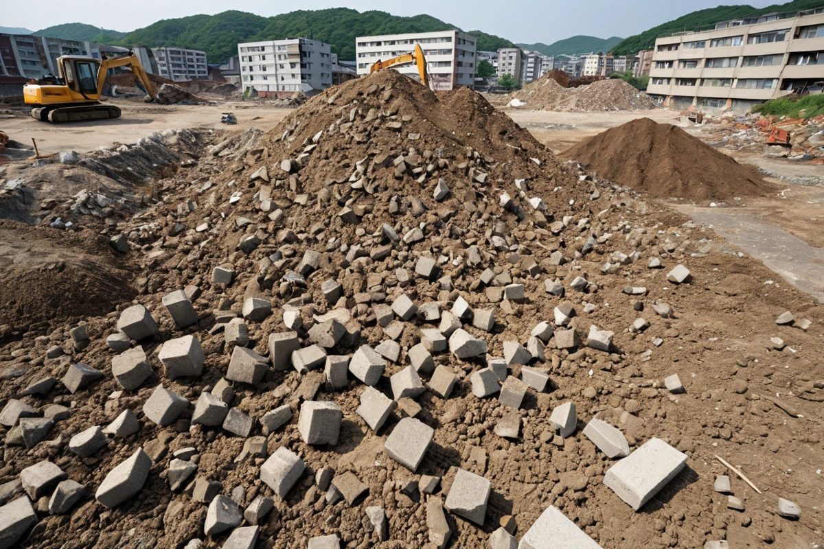 봉천동 주택 철거 현장에서 폐기물 처리를 위한 분류된 흙과 콘크리트 파편이 정리된 장면. 철거된 재료들이 분리되어 있는 모습이 사실적으로 담긴 사진.
