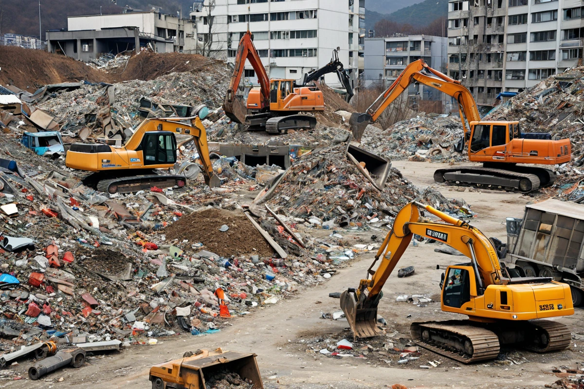 봉천동 주택 철거 현장의 인건비, 장비 대여, 폐기물 처리를 나타내는 세 가지 구분된 공간. 철거 중인 주택의 잔해와 철거 장비가 배경에 위치하며, 폐기물 처리 차량이 주변에 정차