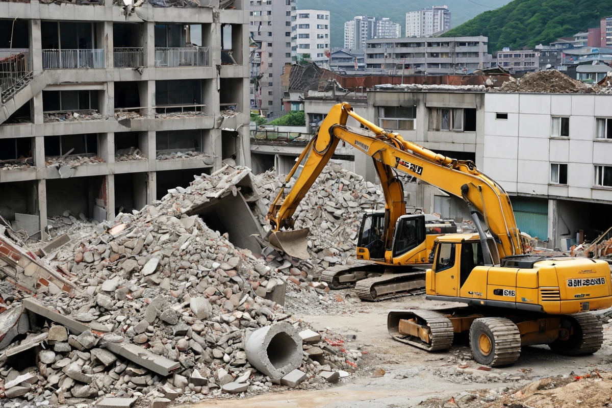 봉천동 주택 철거 현장의 정리된 공간, 구조물이 안정적으로 보이는 상태에서 기계 철거 장비가 철거 작업을 진행하는 모습, 철거된 재료가 잘 정리된 배경