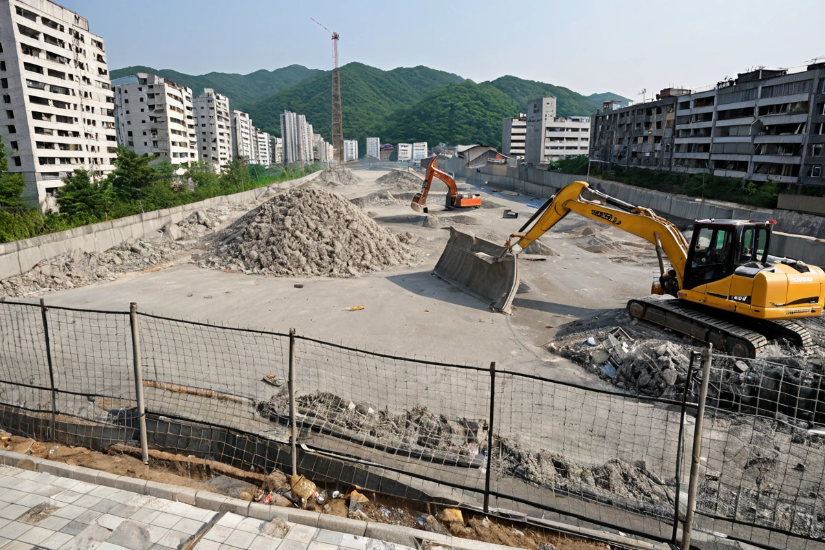 봉천동 주택 철거 현장, 주변 건물과 도로를 둘러싼 방호망이 설치된 상태, 먼지와 진동 방지를 위한 철저한 방호 조치가 이루어진 장면