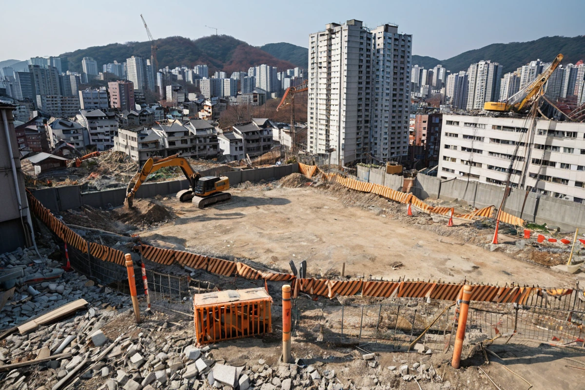 봉천동 주택 철거 현장 주변에 설치된 안전 경계선과 철거 작업을 위한 장비가 준비된 모습. 인근 주거지가 보이는 도시 풍경 속에서 철거 작업의 안전성을 강조하는 철거 현장.