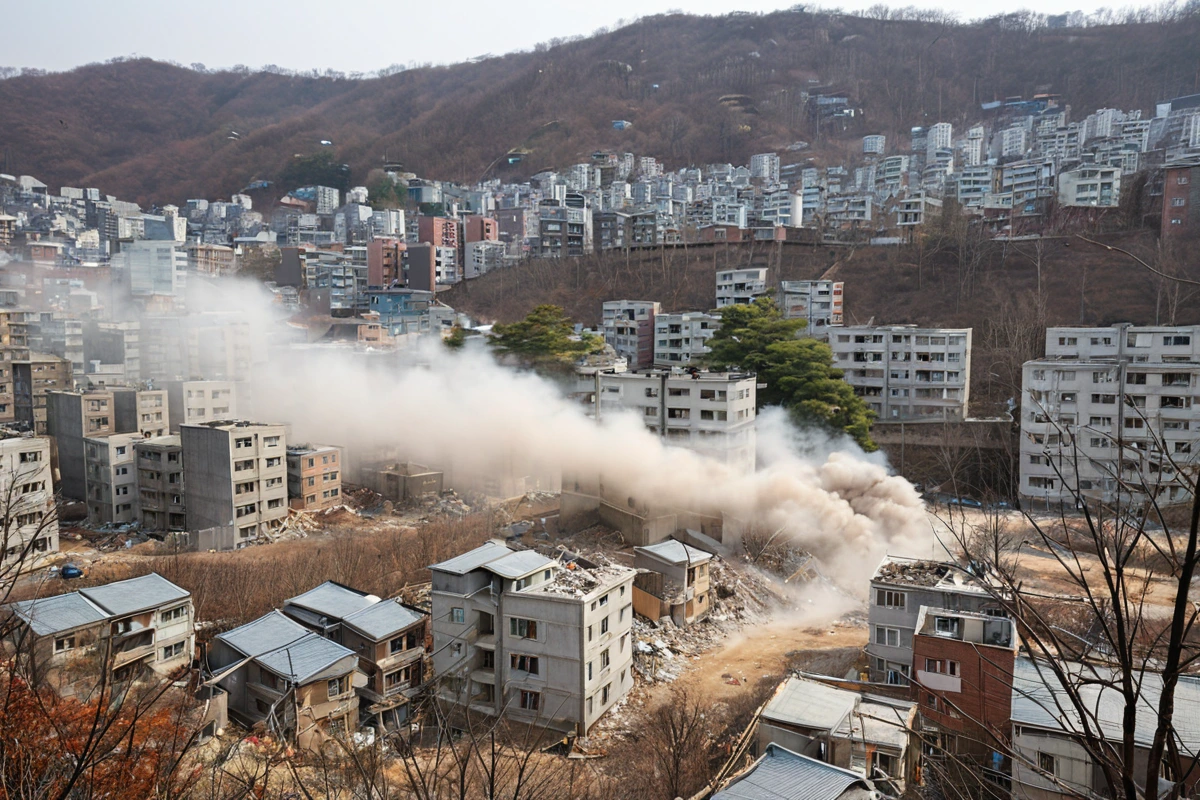 봉천동 주택 철거 현장 주변의 주거 지역. 철거 작업 중 발생하는 먼지와 소음을 방지하기 위해 설치된 철거 작업장 주변에 투명 방진막이 설치된 모습. 주변 건물과의 거리가 가까운