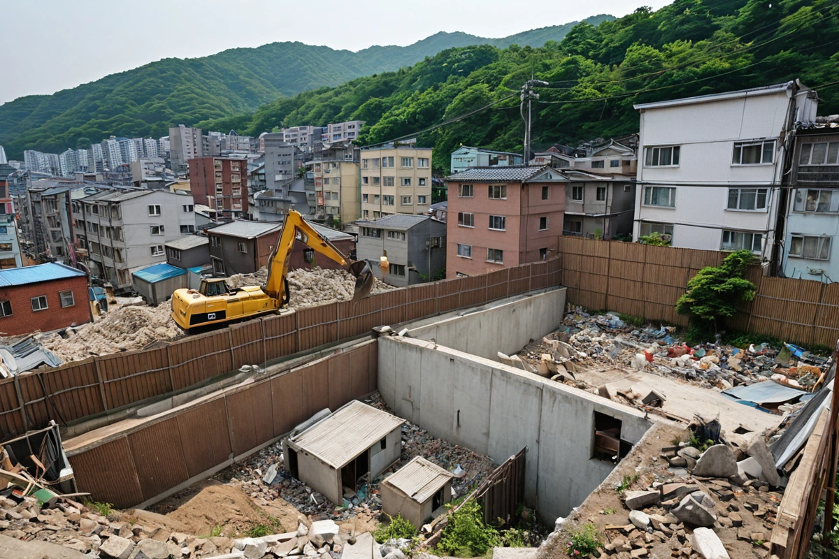 봉천동 주택 철거 현장 주변의 주민 건물과 철거 작업 중인 공사장 사이에 설치된 소음 차단용 방음막이 펼쳐진 모습. 철거 작업 중인 장비가 보이지 않으며, 주변 건물과의 거리감이