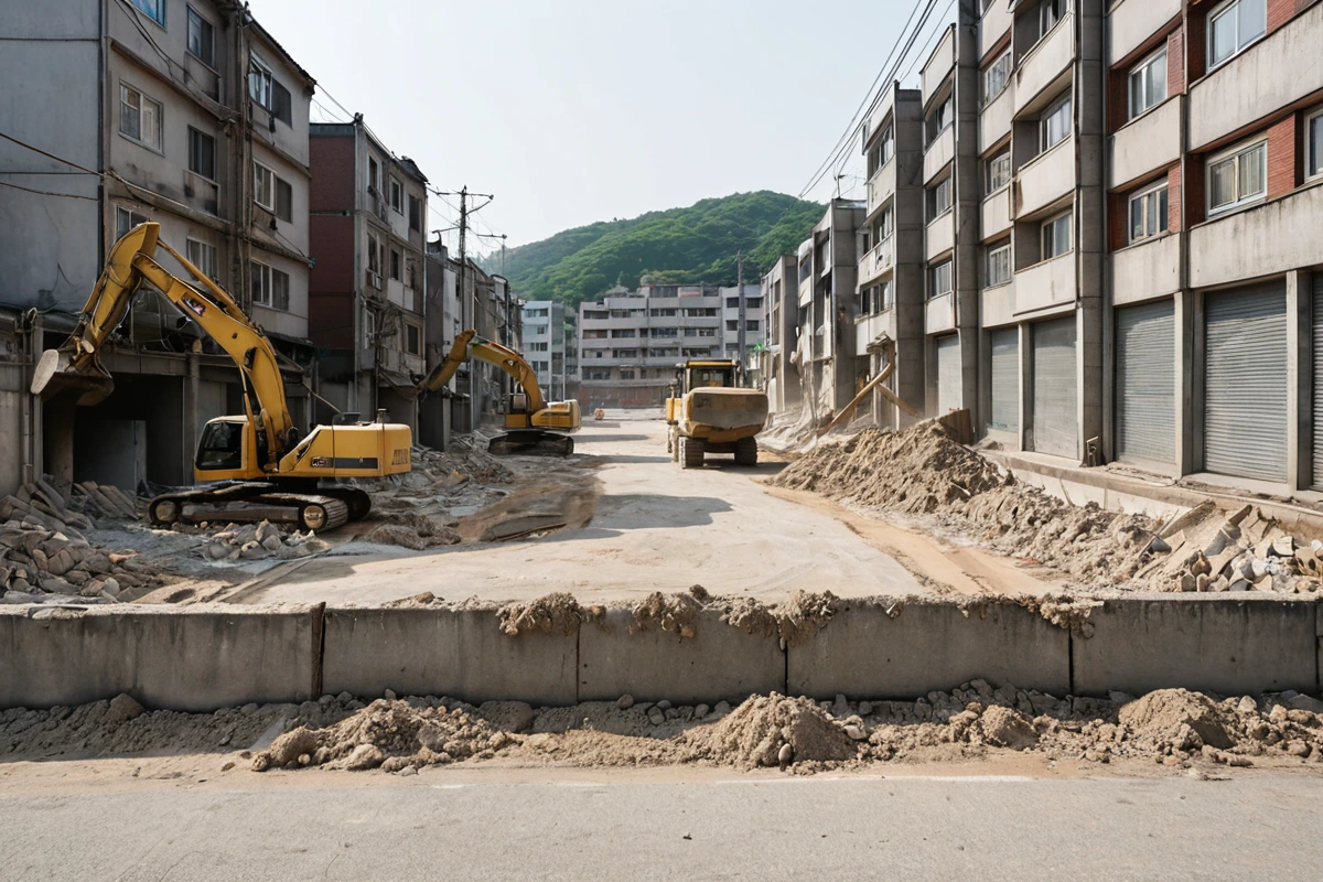 봉천동 주택 철거 현장 주변, 주거지역의 조용한 거리에 먼지 방지 차단막이 설치된 모습, 철거 작업 중인 장비와 주변 건물이 먼지 차단막으로 분리된 자연스러운 장면