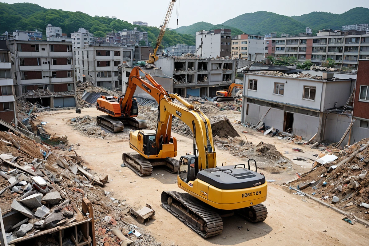 봉천동 주택 철거 현장, 철거 중인 주택 외관과 철거 장비가 정리된 상태로 배치되어 있으며, 철거 작업이 완료된 후 남은 흙과 잔해가 청소된 채로 정돈된 공간