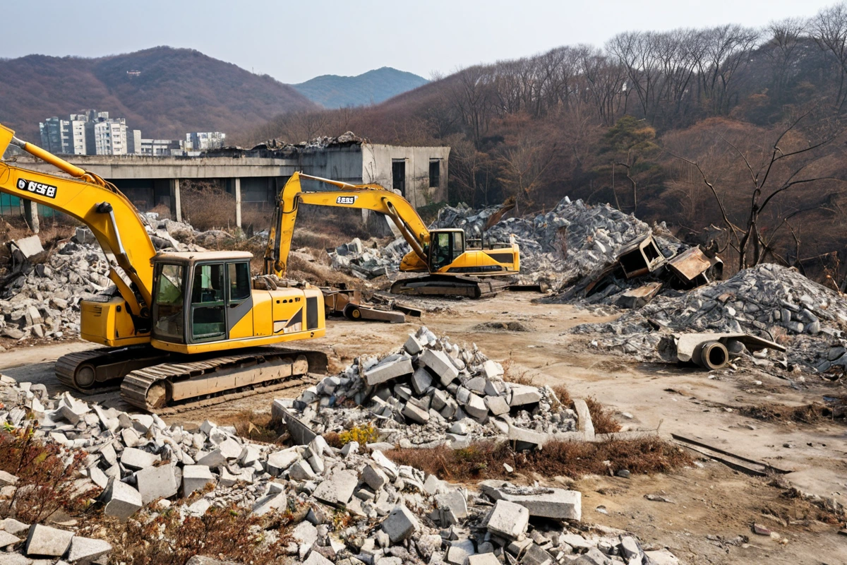 봉천동 주택 철거 후 폐기물 처리 장소, 콘크리트 조각과 철재가 쌓인 공간, 철거 작업 후 남은 폐기물과 철거 장비가 정리된 모습, 자연스러운 야외 분위기