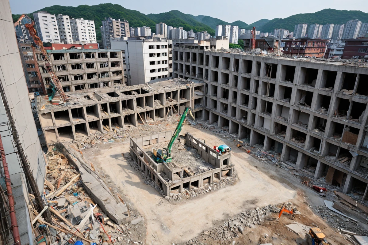 봉천동 지역의 주택 철거 현장에서 철거 전 구조물 상태를 분석하는 과정, 철거 대상 주택의 재료와 구조를 확인하는 현장 분석 도구와 철근 콘크리트 구조물의 세부 모습이 자연스럽게
