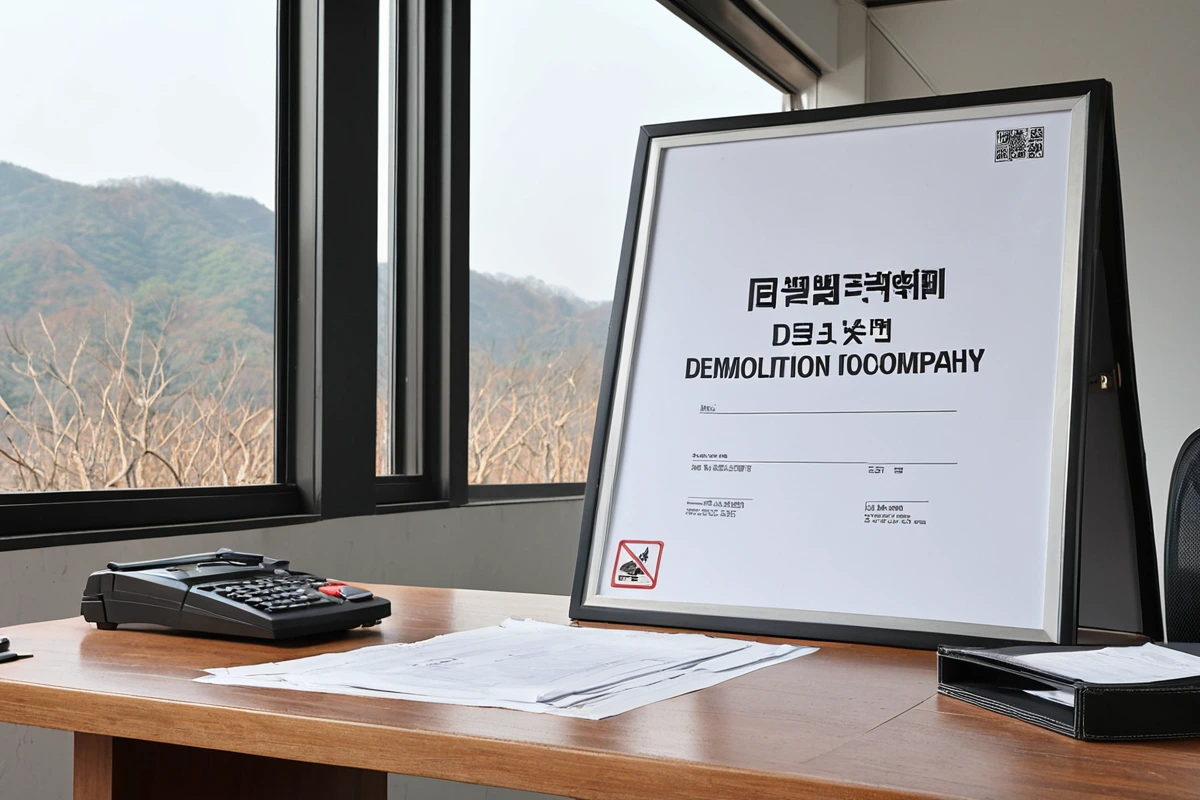 봉천동 지역의 철거 업체 사무실 앞에 위치한 전문적이고 신뢰할 수 있는 업체의 간판이 보이는 외부 풍경, 철거 비용 정확 산정을 위한 전문 서류가 테이블 위에 정리되어 있는 모습