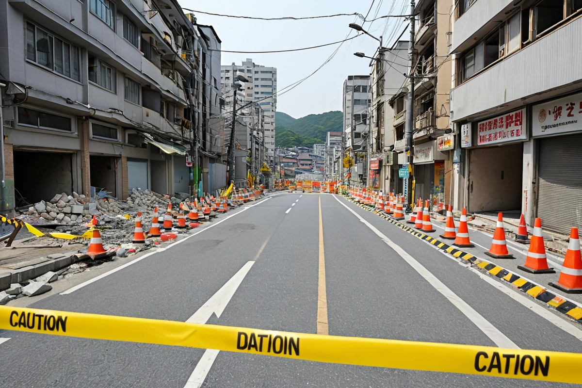 봉천동 지역의 철거 현장에서 주변 건물과 보행자 안전을 고려한 작업 계획이 반영된 모습. 철거 중인 건물 주변에 안전 경계선이 확실히 구분되어 있고, 주변 도로는 공사로 인한 차단