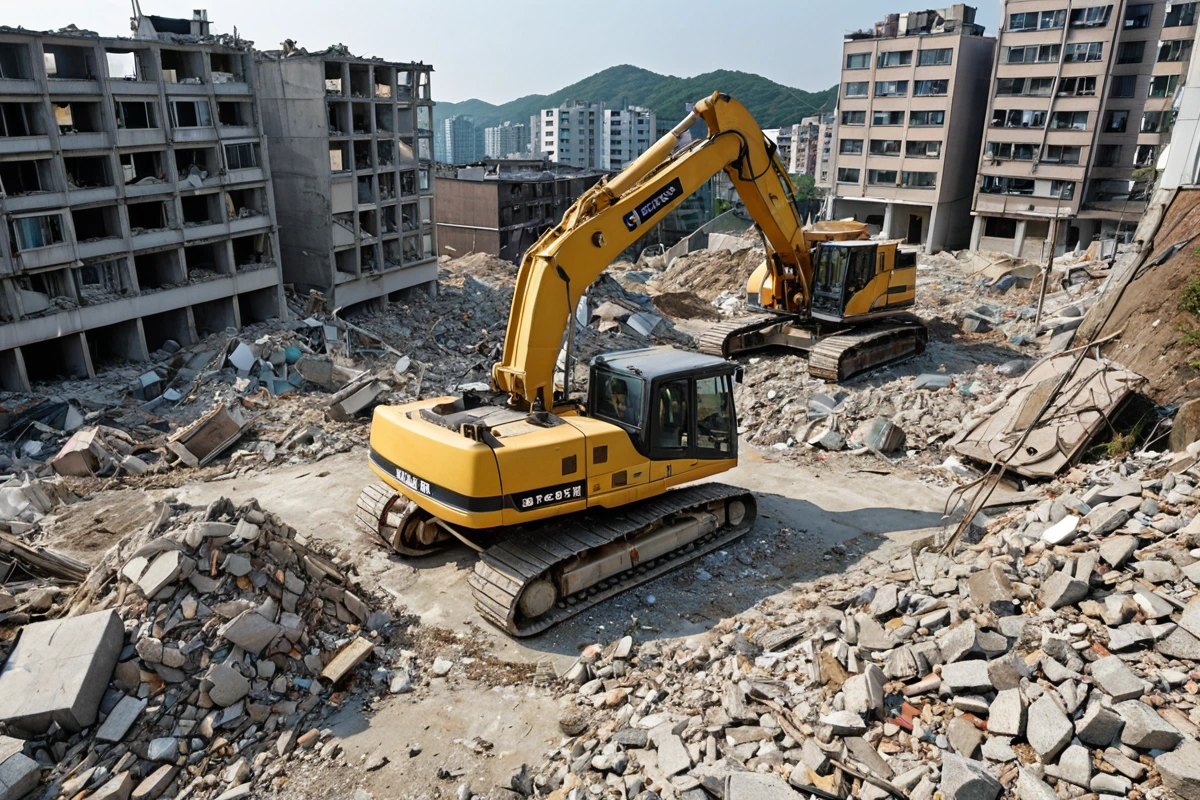 봉천동 지역 주택 철거 현장에서 구조적 안정성을 확인하는 철거 장비와 함께 폐기물 처리를 위한 정돈된 공간