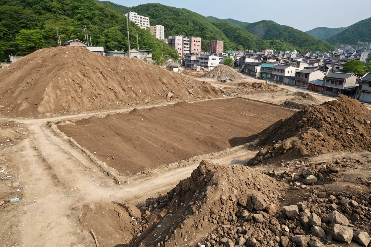 봉천동 지역 철거 후 토지 복구 작업 현장. 철거로 인해 흙이 흩어진 토지 위에 정리된 흙과 주변 환경 정리가 이루어진 모습이 사실적으로 담김.