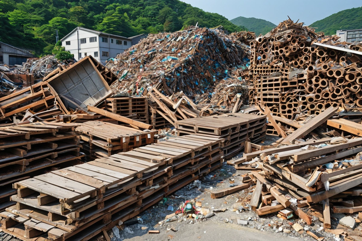봉천동 철거 현장에서 재활용 가능한 자재가 분리된 채로 정리된 모습, 철거된 목재와 금속 부재가 분리된 쌓여 있는 장면. 재활용 처리를 위한 정리가 철저히 이루어진 현장의 구체적인