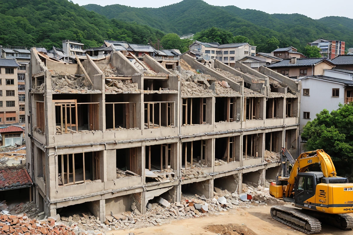 불광동 지역의 주택에서 부분 철거가 진행 중인 장면. 일부 벽체가 철거된 후 구조 개선을 위한 작업이 시작된 모습. 철거된 벽면과 새로운 구조물이 조화를 이룬 자연스러운 현장.