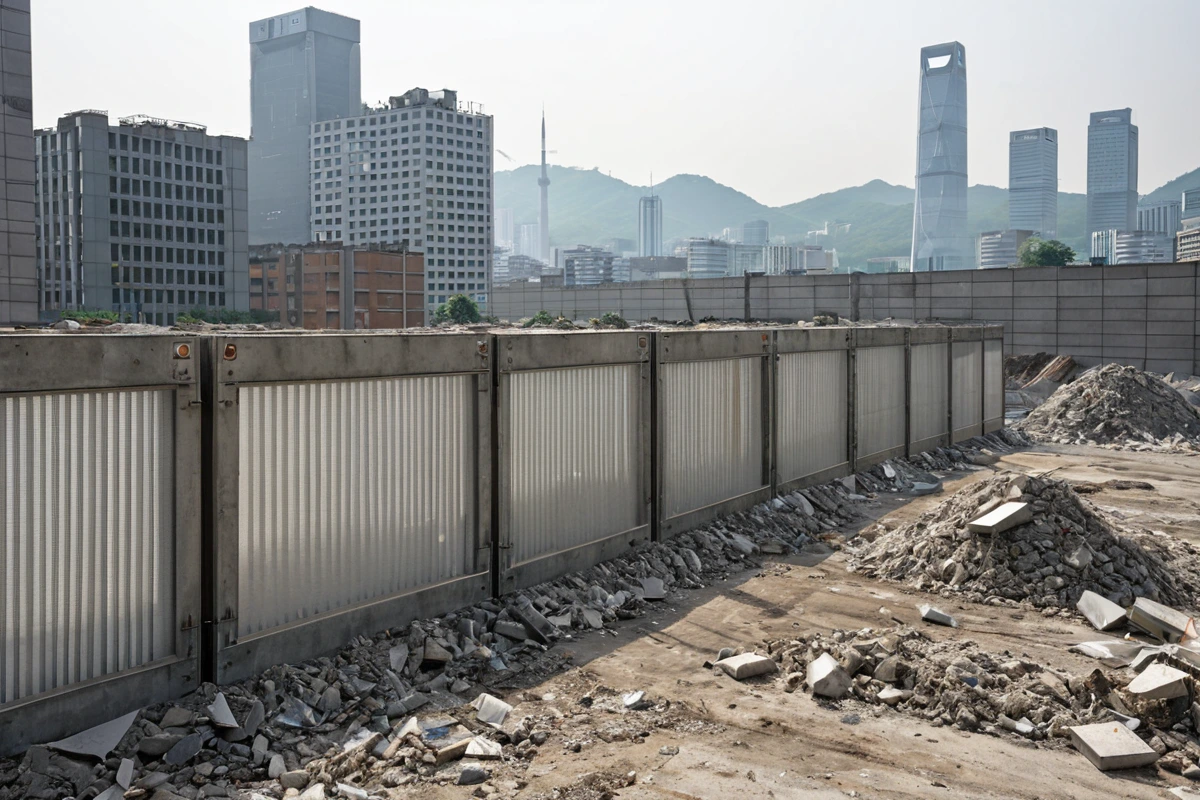 사무실 철거 후 먼지 제거를 위한 환경 보호 장치가 설치된 서울 시내 사무실 철거 현장. 먼지가 주변으로 퍼지지 않도록 철저히 차단된 철거 공간과 먼지 제거 장비가 세부적으로 보이