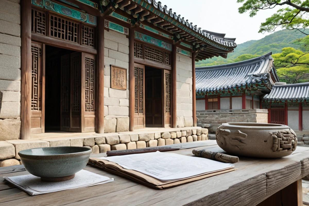 삼청동 역사적 건물 앞에서 철거 작업 전 문화재 보호 규정을 확인하는 현장. 옛 건물의 조각과 보존된 유물이 놓인 테이블 위에 전문가가 작성한 보고서가 놓여 있다.