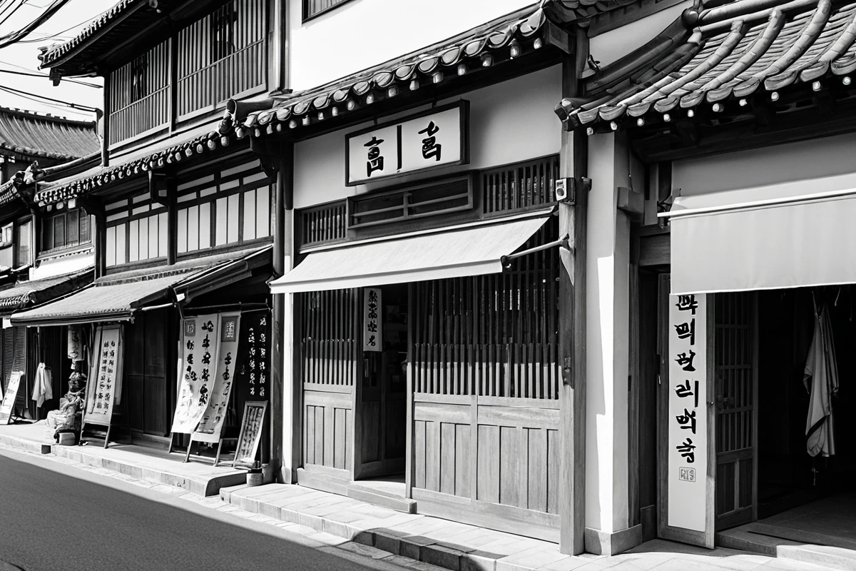 삼청동의 작은 상점 간판과 주변 건물 외벽, 간판은 작은 크기의 알루미늄 소재로 제작되어 있으며, 주변 건물은 오래된 한옥과 현대식 건물이 혼합된 상업 지역의 모습. 간판은 간결한