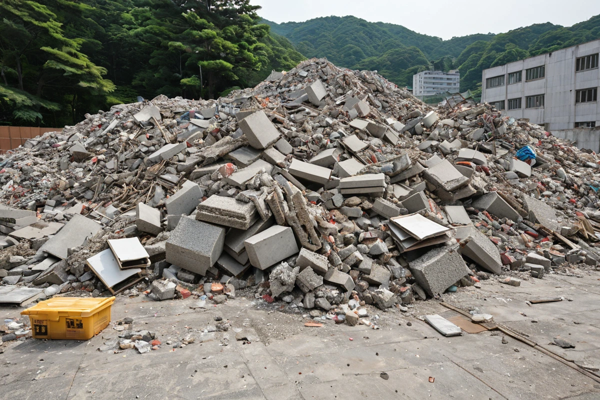 삼청동 지역 공장 철거 후 청소된 공간에서 철거 전 분류된 물품이 정리된 스택과 철거 후 바닥이 깨끗한 모습, 구조물 잔해가 제거된 공간의 청결한 모습