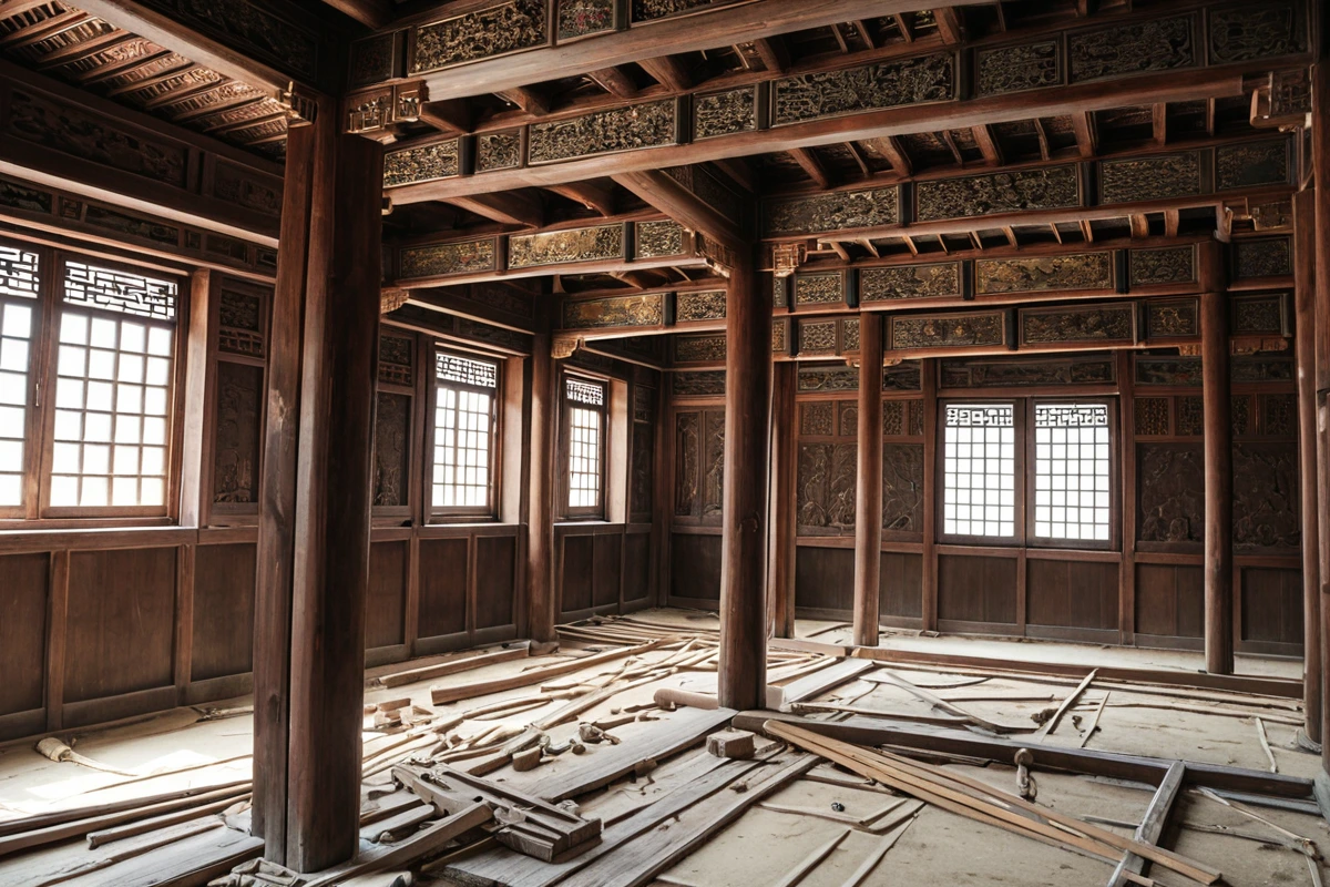 삼청동 지역의 역사적 건물 인테리어 철거 현장, 철거 중인 벽면과 구조물, 건물의 전통적인 디자인과 조화를 이룬 철거 과정, 철거로 인한 구조물 손상 방지를 위한 주의가 보이는 철