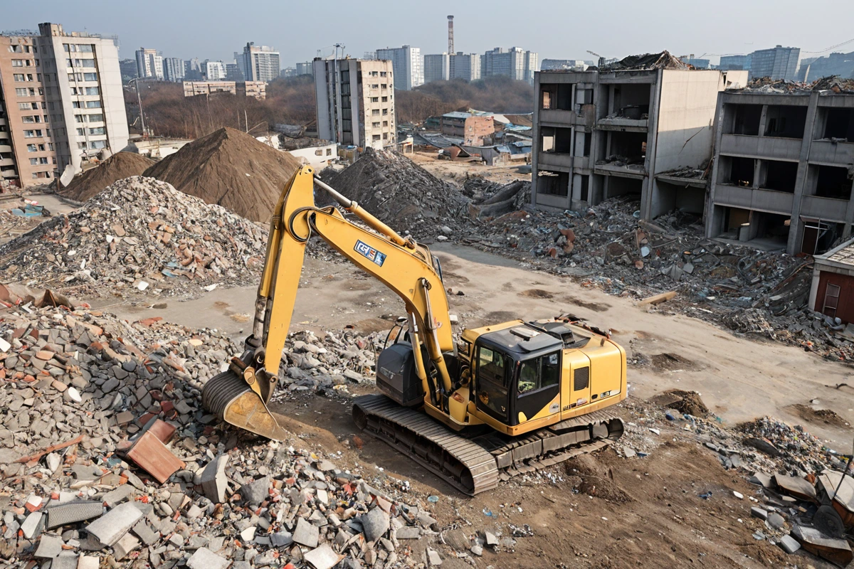 상암동 지역의 철거 후 공간에서 미세먼지 제거를 위한 전문 청소 장비가 작동 중인 모습. 철거 후 청소 시 미세먼지 제거에 집중하는 사실적인 장면.