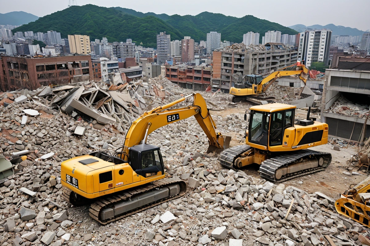 서대문구 도시 개발 구역의 철거 현장, 건물 잔해와 철거 장비가 정리된 공간, 주변에 신축 건물이 보이는 도시 풍경