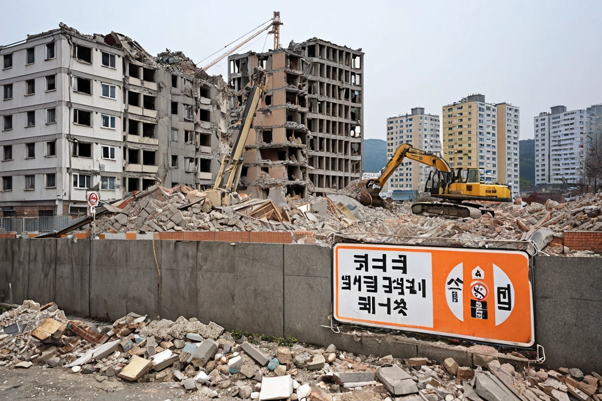 서대문구 주거 지역의 철거 현장, 철거 중인 건물 외벽과 보험 인증 표시가 부착된 안전 표지판, 주변에 주택과 상가가 혼재된 도시 풍경