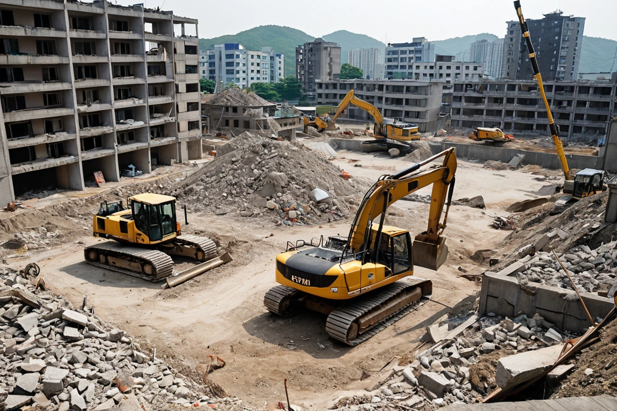 서빙고동 지역의 주거지역에서 철거 작업 중인 현장, 주변 건물과의 거리가 적절히 유지된 채로 철거 작업이 진행 중인 모습