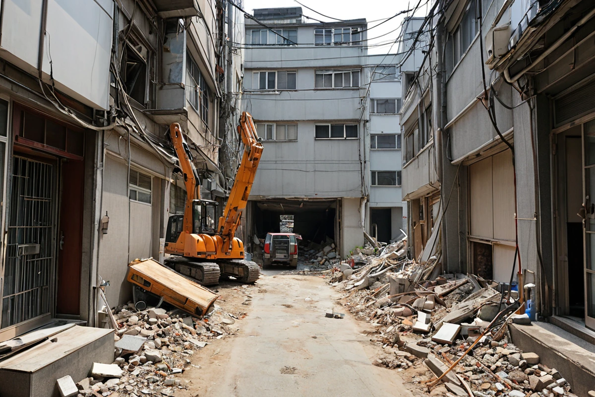 서울 가락동 주거지역과 상업지역이 혼재한 골목길에서 부분 철거 중인 건물의 외관. 주변 건물과의 거리가 좁은 곳에서 안정성을 확인하는 철거 장비가 설치되어 있으며, 철거 중인 부분