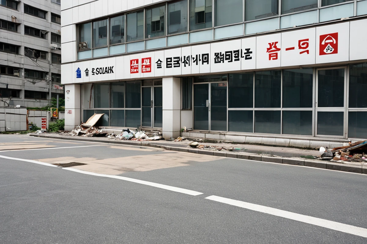 서울 가락동 지역의 사무실 원상복구 전문업체 상호명이 적힌 간단한 간판이 보이는 외부 풍경. 철거 후 청소된 사무실 건물 앞에 청결한 정리된 공간이 보이는 모습.