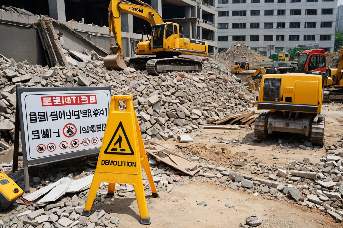 서울 가리봉동 지역의 철거 작업 현장에서 안전 점검을 위한 전문 장비와 철거 전문 업체의 안전 표시물이 정리된 모습. 철저한 안전 점검을 위한 장비와 철거 과정의 안정성을 보여주는