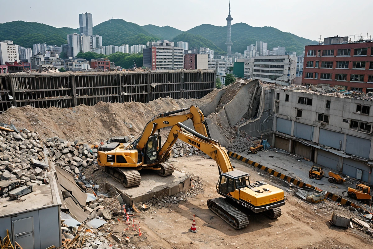 서울 가산동 도시 개발 구역에서 철거 작업 중인 현장, 소음 차단 시설과 정밀 철거 장비가 배치된 모습, 주변 건물과의 거리를 고려한 철거 작업 현장