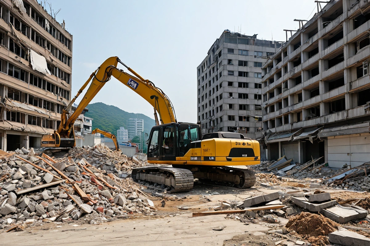 서울 가산동 상가 철거 후 구조적 점검을 위한 철거 잔해가 제거된 공간, 구조적 손상 여부를 확인하기 위해 철거 후 남은 구조물 부분이 정확히 보이는 사실적인 장면