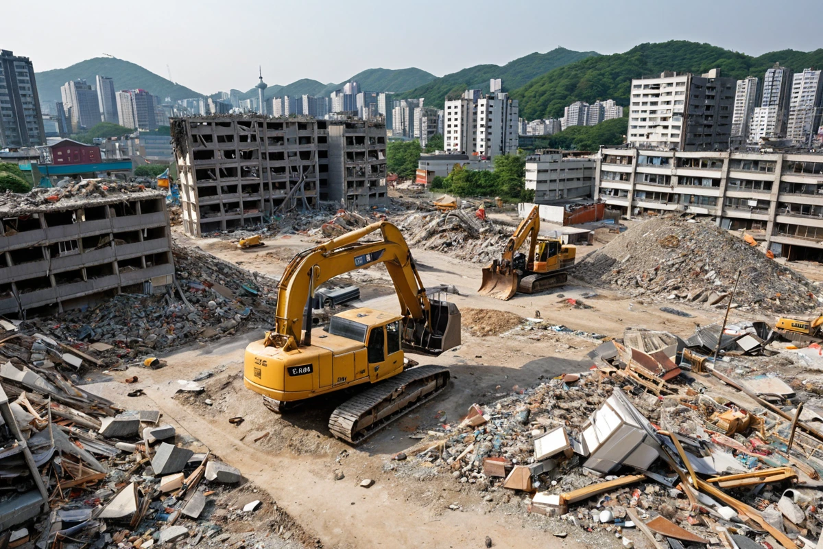 서울 가산동의 칸막이 철거 현장, 재질과 크기별로 구분된 칸막이 재료와 철거 중인 공간이 정리된 모습. 주변에 건물과 도로가 보이지만 인물은 없음.