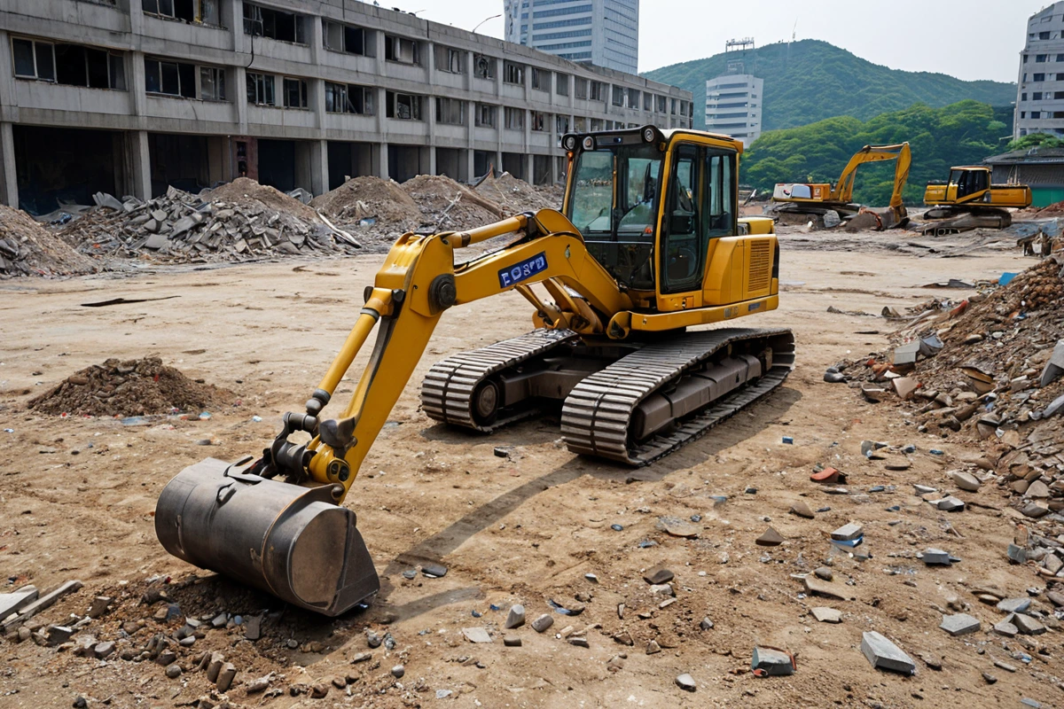 서울 가산동 철거 업체의 현장 점검을 위한 철거 장비와 측정 도구가 준비된 현장. 철거 예정 건물 외부에서 철거 계획서와 측정 도구가 펼쳐진 모습이 자연스럽게 포착된 사진.