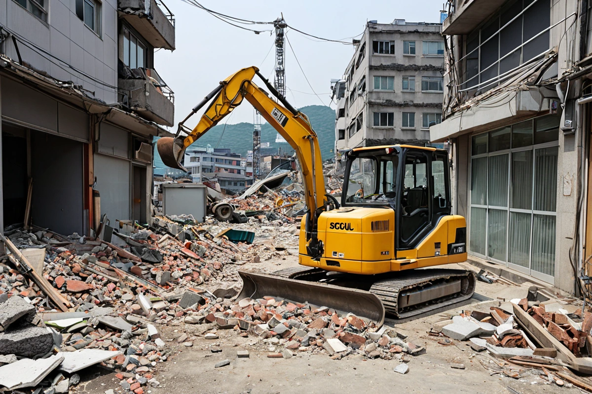 서울 가양 동네의 작은 상가 건물 철거 현장. 철거 작업 중인 장비가 정리된 공간에 수동 철거 과정이 잘 드러나며, 철거 후 남은 건물 잔해와 철거 완료된 공간이 자연스럽게 배경으