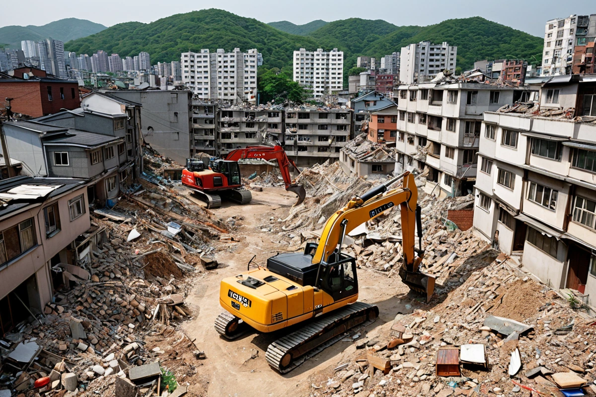 서울 가양동의 밀집된 주택가에서 가벽 철거 작업 중인 철거 장비가 정리된 모습, 주변 건물과의 조화를 이룬 도시 풍경