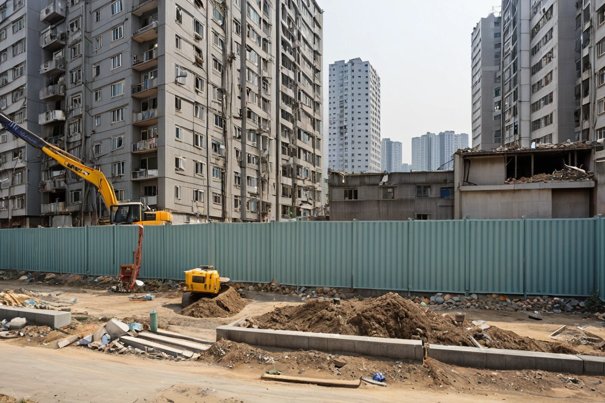 서울 가양동 주거지역의 아파트 단지와 철거 중인 건물의 경계선, 주변에 소음 차단 울타리가 설치된 모습. 아파트 창문에 주민들이 조용히 지켜보는 듯한 분위기의 정적 풍경.