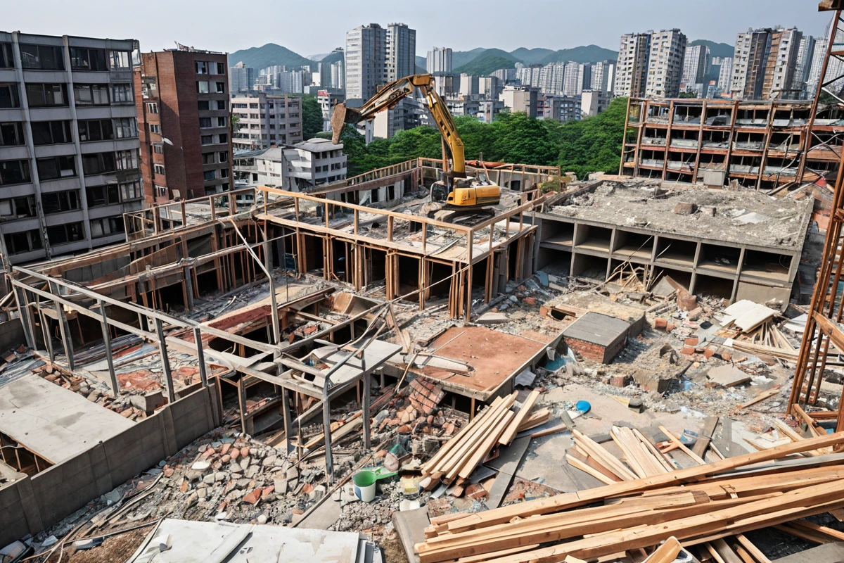 서울 가양동 주택 철거 현장에서 철거 규모와 건축물 재료를 분석하는 장면, 철골 구조물과 일반 건축 자재가 함께 보이는 철거 작업대와 비용 계산을 위한 도면이 놓인 테이블
