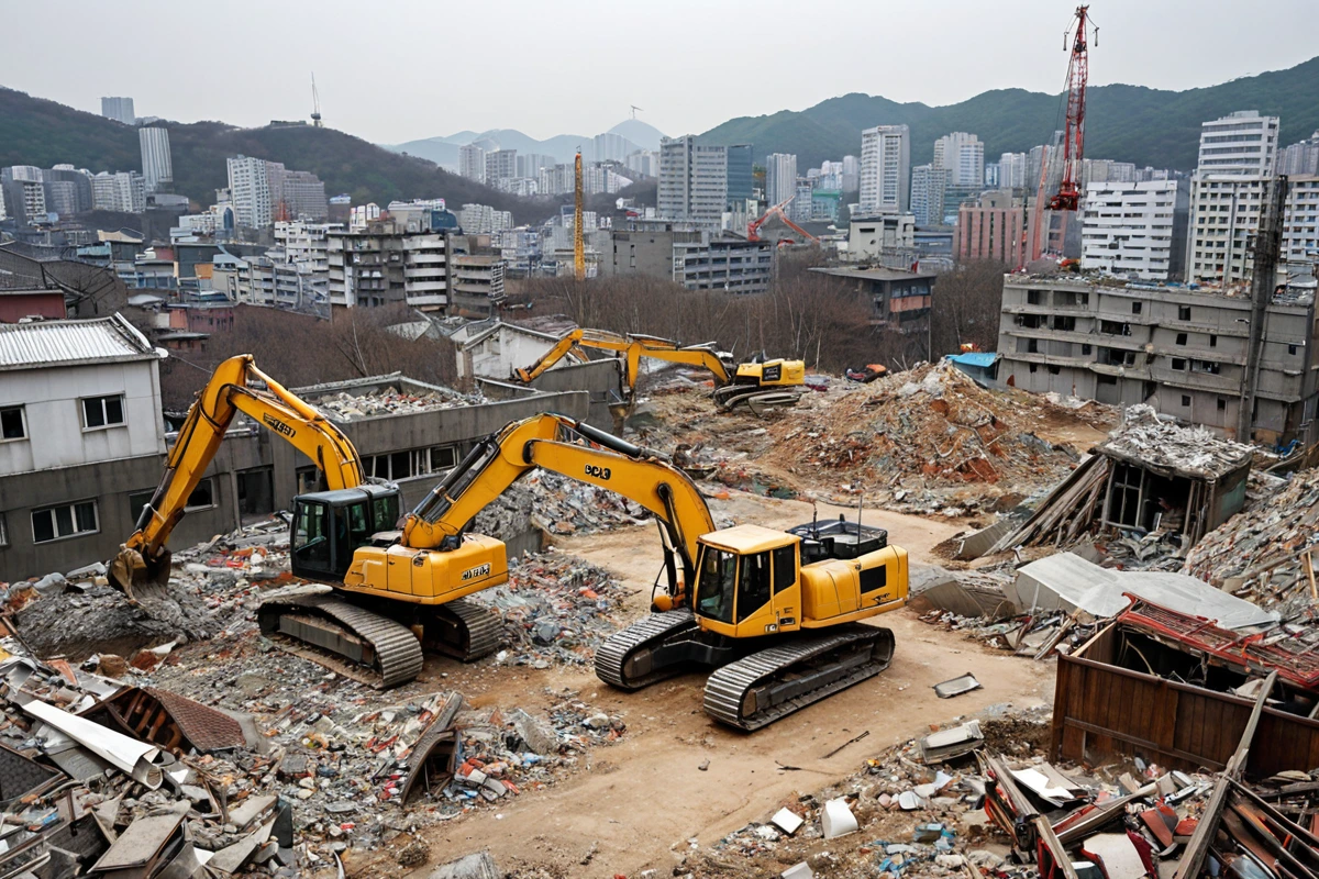 서울 가양동 주택 철거 현장에서 철거 업체가 투명한 비용 계산을 위해 철거물 처리 과정을 문서화하는 모습, 철거 장비와 정리된 재료가 배경에 배치됨