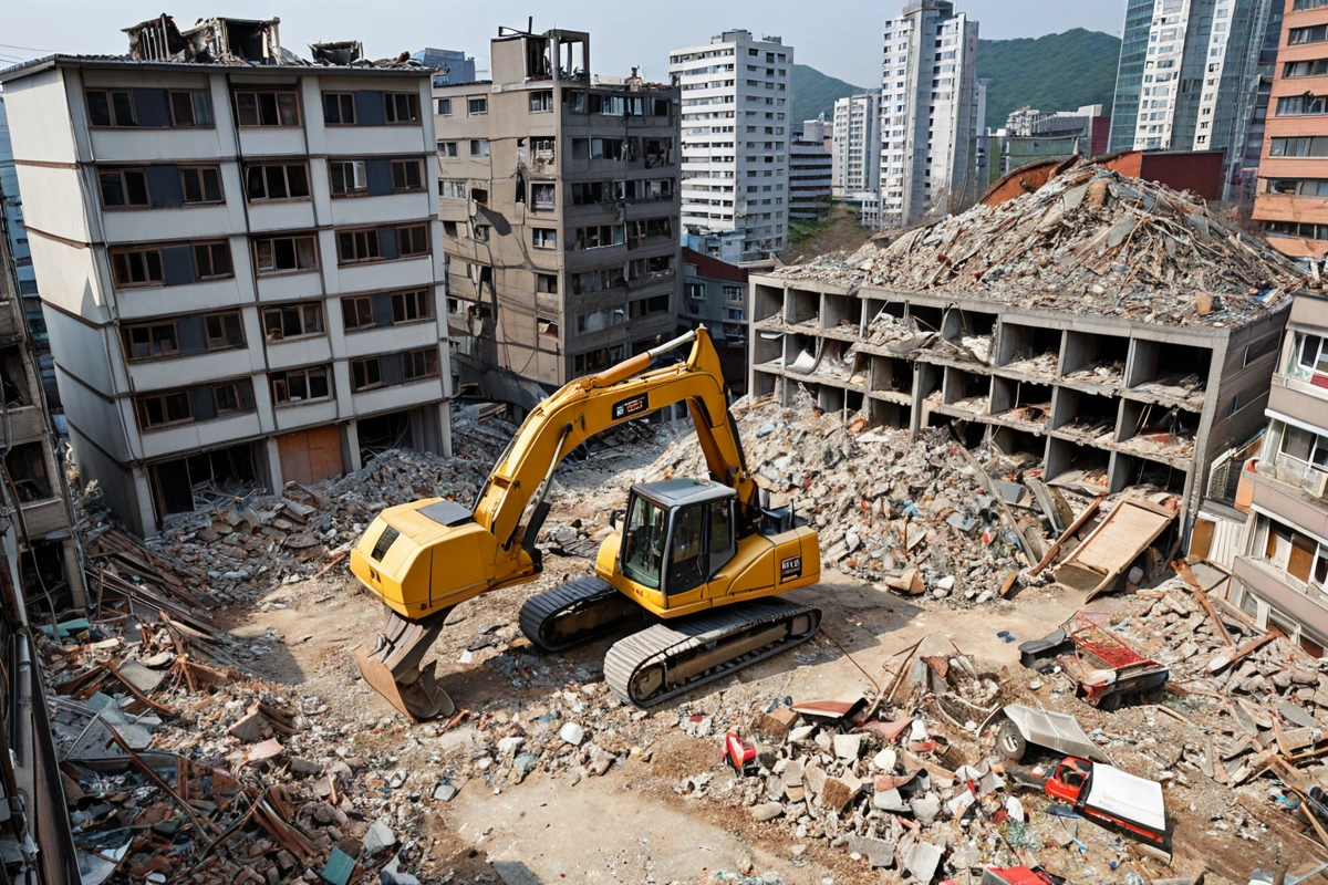 서울 가양동 주택 철거 현장의 소규모 주택 외관, 100㎡ 미만 규모의 주택 철거 작업 중인 철거 장비와 철거된 재료가 쌓여 있는 모습. 주변 건물과의 비교를 통해 규모를 나타내는