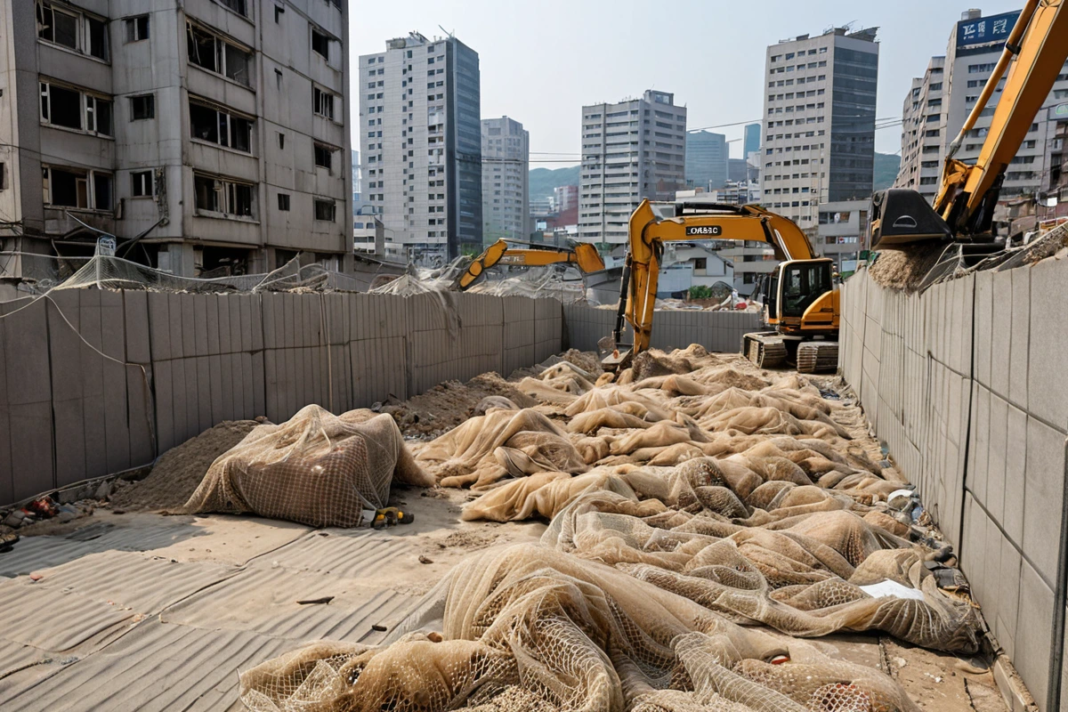 서울 가회동 도심 지역에서 부분 철거 작업 중인 현장. 주변 건물과의 거리에 맞춰 설치된 방진망과 소음 차단용 방음막이 철저히 설치되어 있으며, 철거 작업 중 발생할 수 있는 먼지
