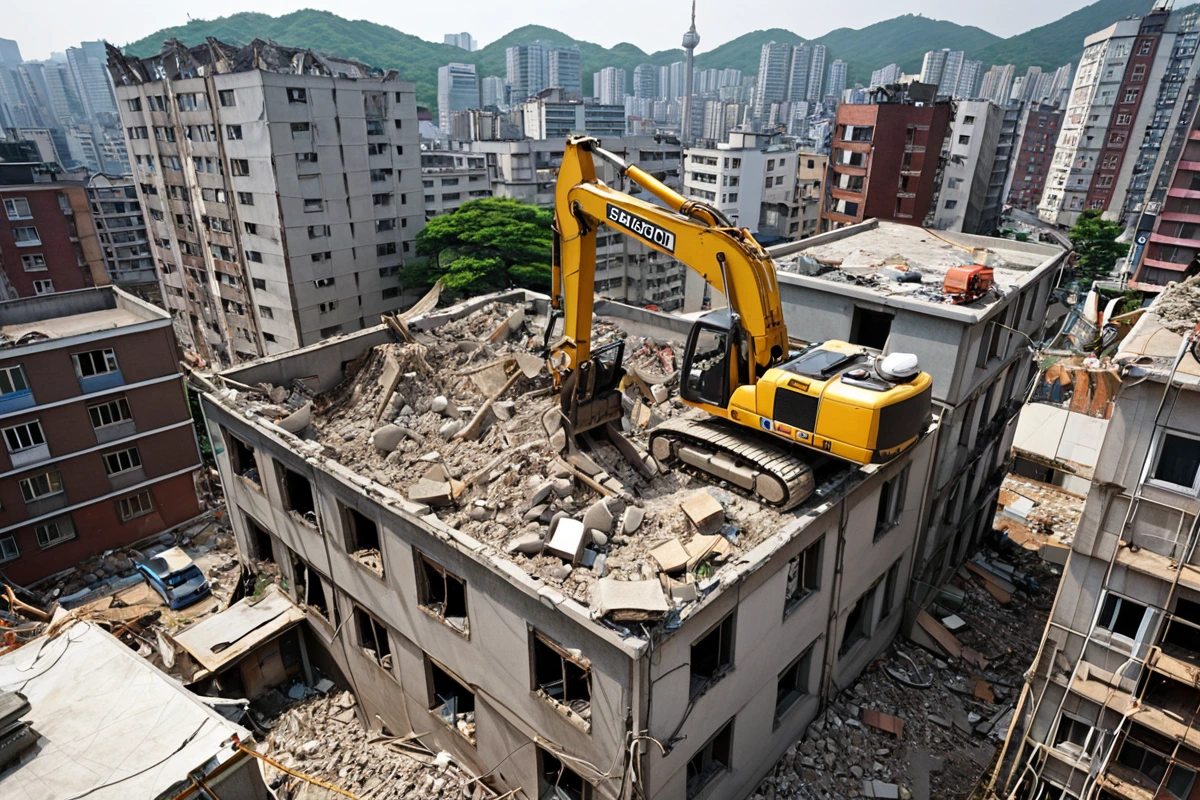 서울 가회동 주거 밀집 지역의 건물 철거 현장. 안전 헬멧과 보호대가 고정된 철거 장비가 건물 외벽에 위치해 있으며, 주변 건물과의 안전 거리가 확보된 철거 현장의 전경. 철거 중
