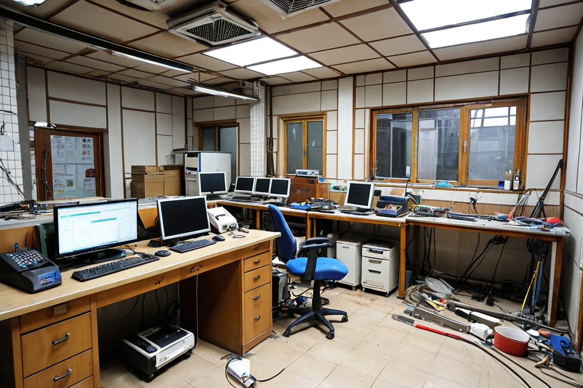 서울 가회동 피시방 철거 현장, 전문가가 사용하는 정확한 측정 장비와 구조 점검을 위한 도구가 정리되어 있는 모습. 철거 준비 단계에서 철저한 점검을 나타내는 철저한 현장 사진.