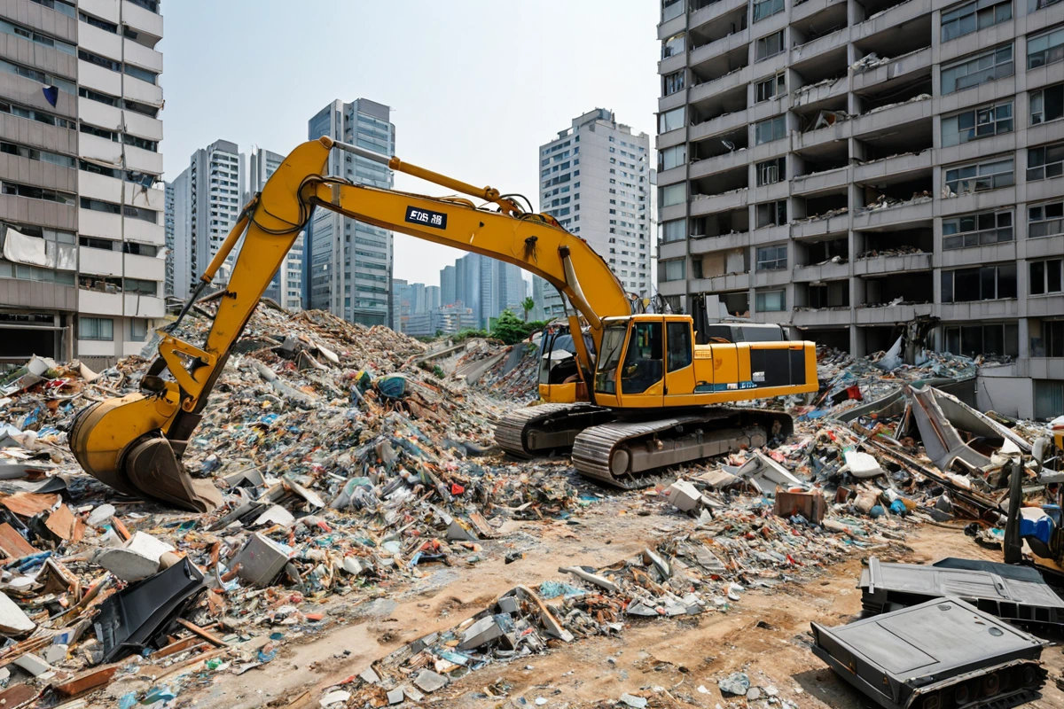 서울 강남구 고밀도 주거 지역의 현대식 아파트 철거 현장. 철거 작업 중인 중장비가 철거물 재활용 장비 옆에 서 있어, 철거 후 재활용 과정이 자연스럽게 보이는 장면.