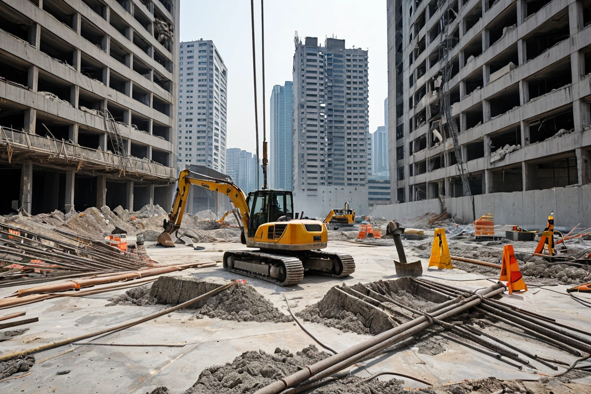 서울 강남구 고층 건물의 바닥 철거 현장, 안전 테이프로 구분된 작업 공간, 안전 장비가 준비된 철거 도구와 철거 중인 바닥의 모습
