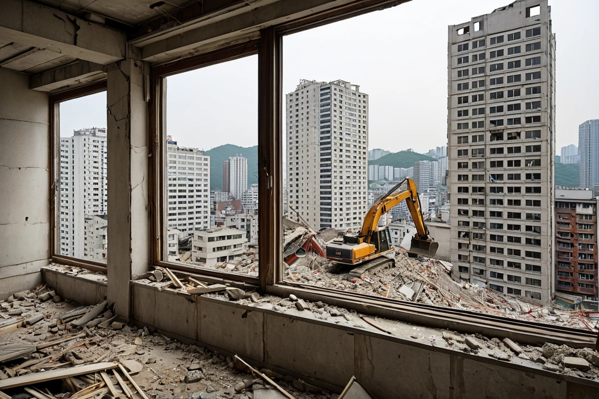서울 강남구 논현동의 도심 속 고층 아파트 내부, 철거 작업 중인 구조물의 일부가 드러난 모습. 주변 건물과 상가의 외관이 보이는 창가를 통해 철거 현장이 조용하게 진행되고 있는