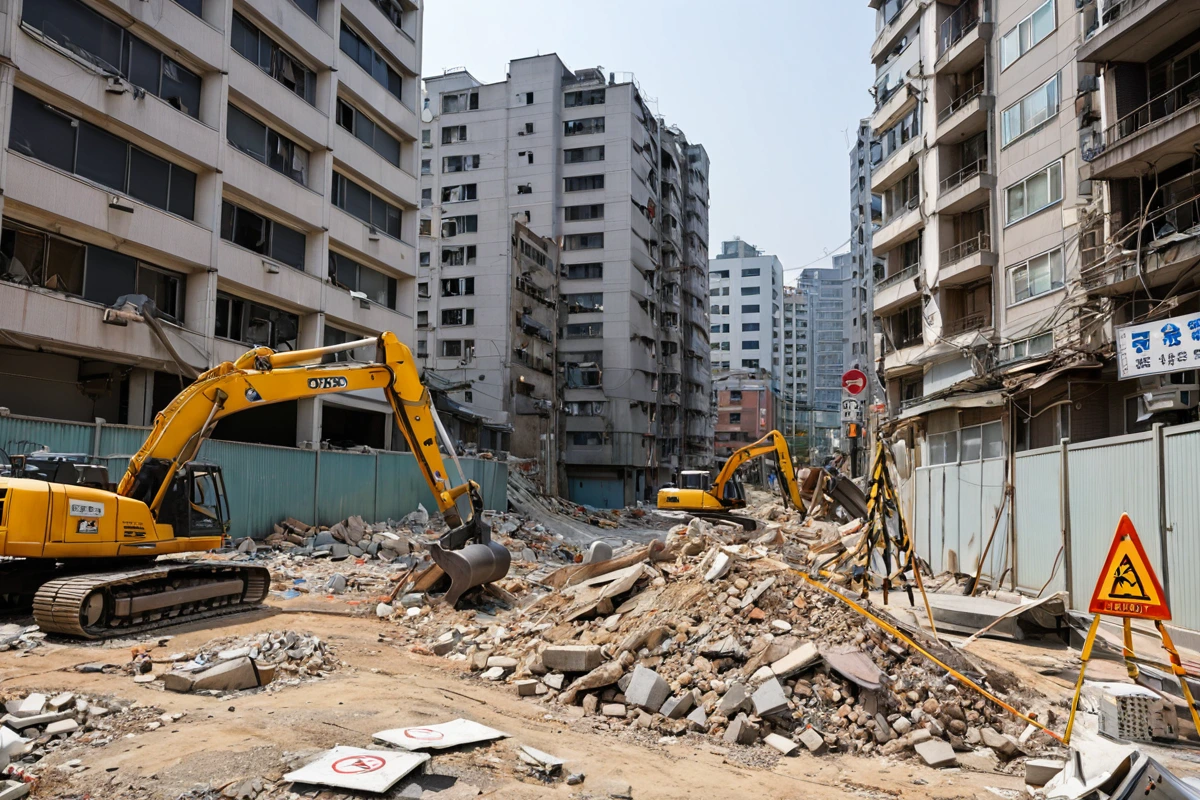 서울 강남구 논현동의 밀집된 주거 지역에서 철거 작업 중인 안전 점검 장비와 현장 안전 표지판이 설치된 모습. 주변 건물과의 거리를 고려한 철거 작업 현장의 안전 조치가 완료된 상