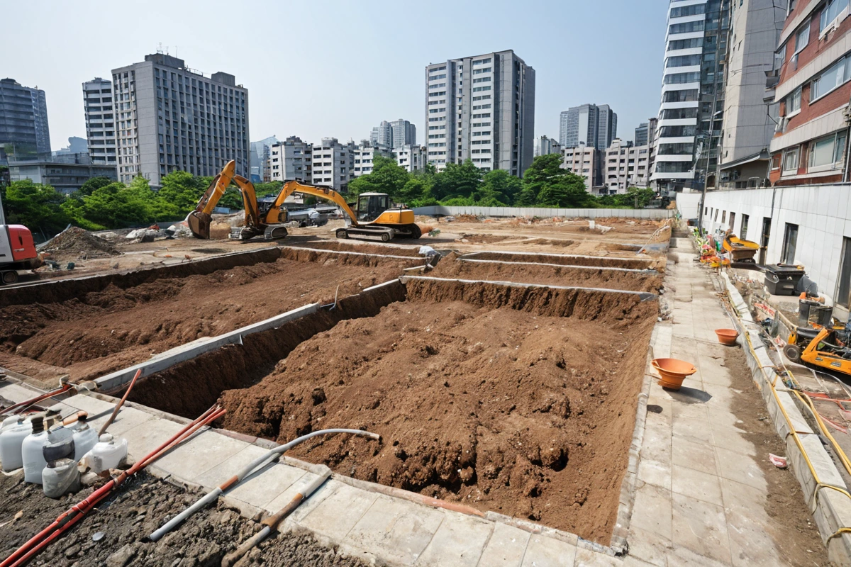 서울 강남구 논현동의 상업용 건물 철거 후 토양 정화 작업 현장. 철거된 건물 잔해가 제거된 토지 위에 정화 장비가 배치되어 있으며, 배수 시스템 복구를 위한 관로 설치가 진행 중