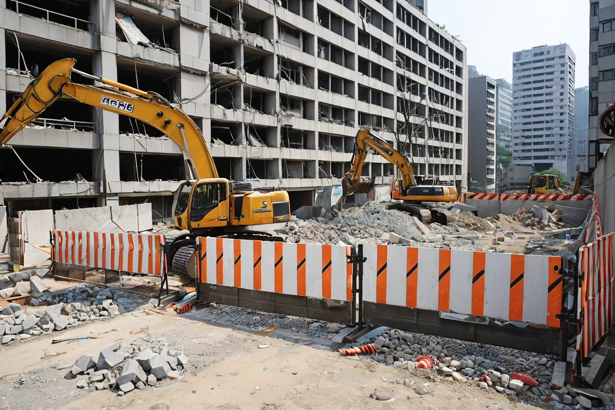 서울 강남구 논현동의 철거 현장에서 철거 전 안전 점검을 위해 설치된 안전 울타리와 철거 예정 건물의 외부 구조를 정확히 보여주는 사진. 건물 벽면에는 철거 작업을 위한 표시가 남