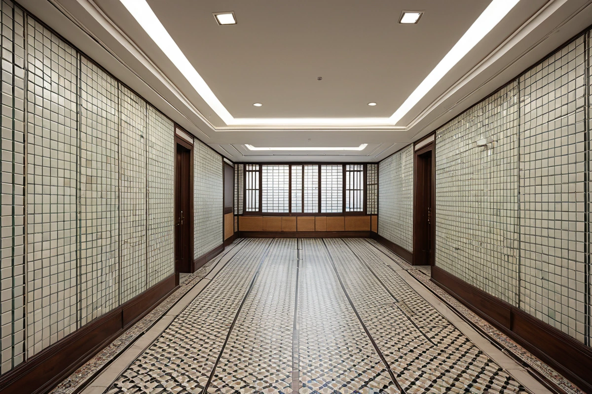 서울 강남구 대치동 고급 사무실 벽면과 바닥의 원상복구 작업 현장. 원래 사용하던 타일 패턴과 색상이 정확히 재현된 벽과 바닥이 보이며, 철거 후 복원된 세부 디테일이 강조된 실내